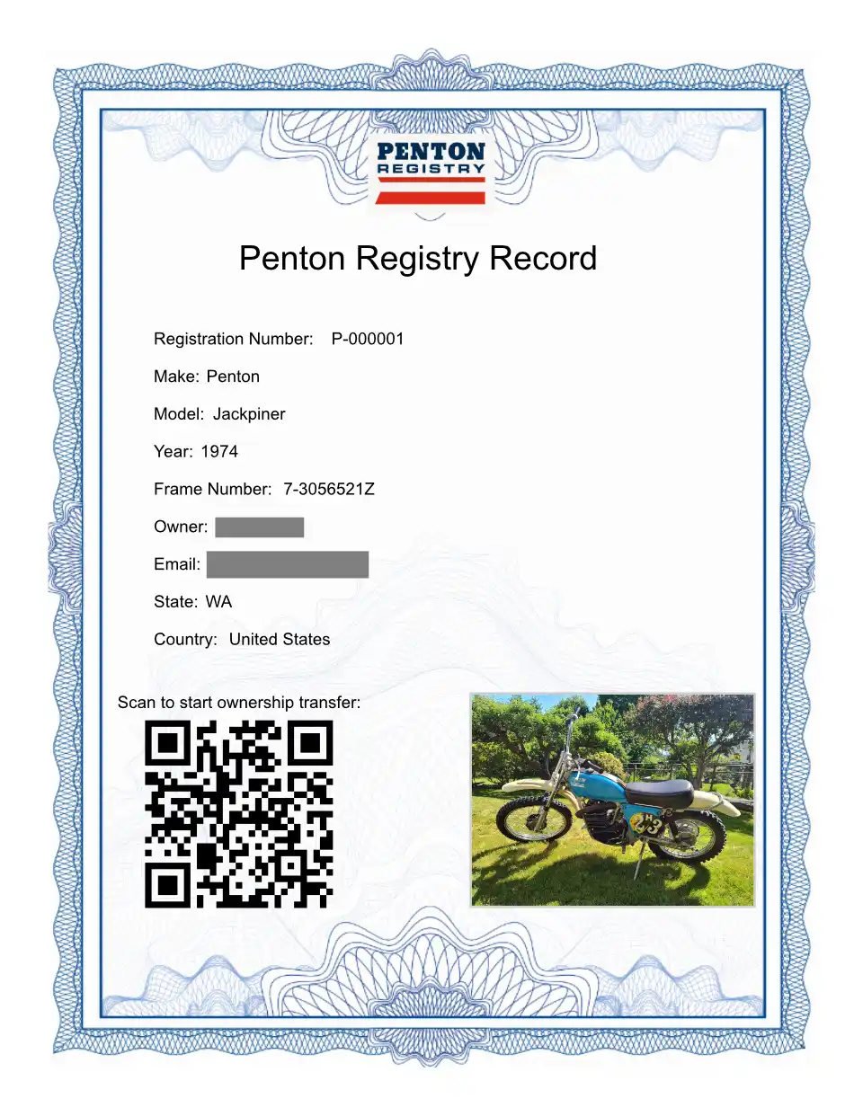 Example of PDF registry form available for download once you register your motorcycle.